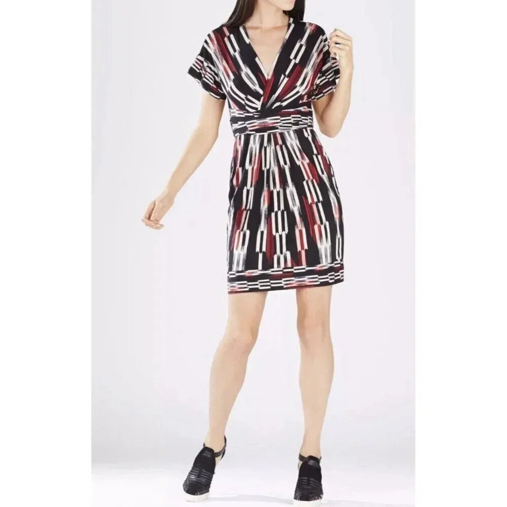 BCBGMAXAZRIA KAITLIN DOLMAN SLEEVE WRAP DRESS SIZE M Black Ivory & Red Pattern